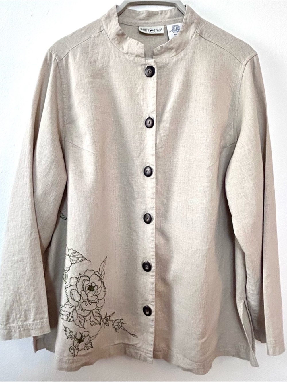 White Stag Beige Linen Button-Front Shirt Jacket with Floral Embroidery